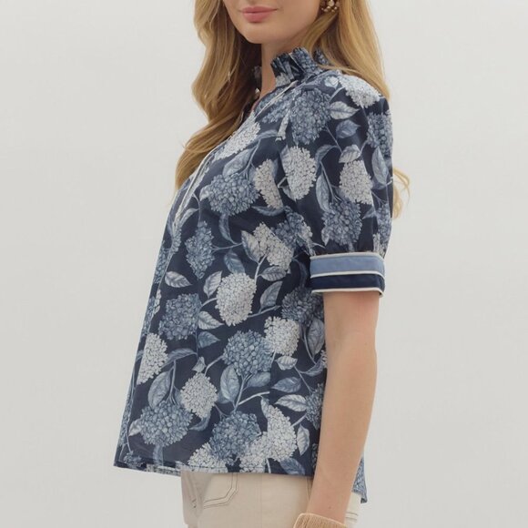 Women's Blue Floral Hydrangea Puff Sleeve Top Entro Size Medium - Picture 6 of 7